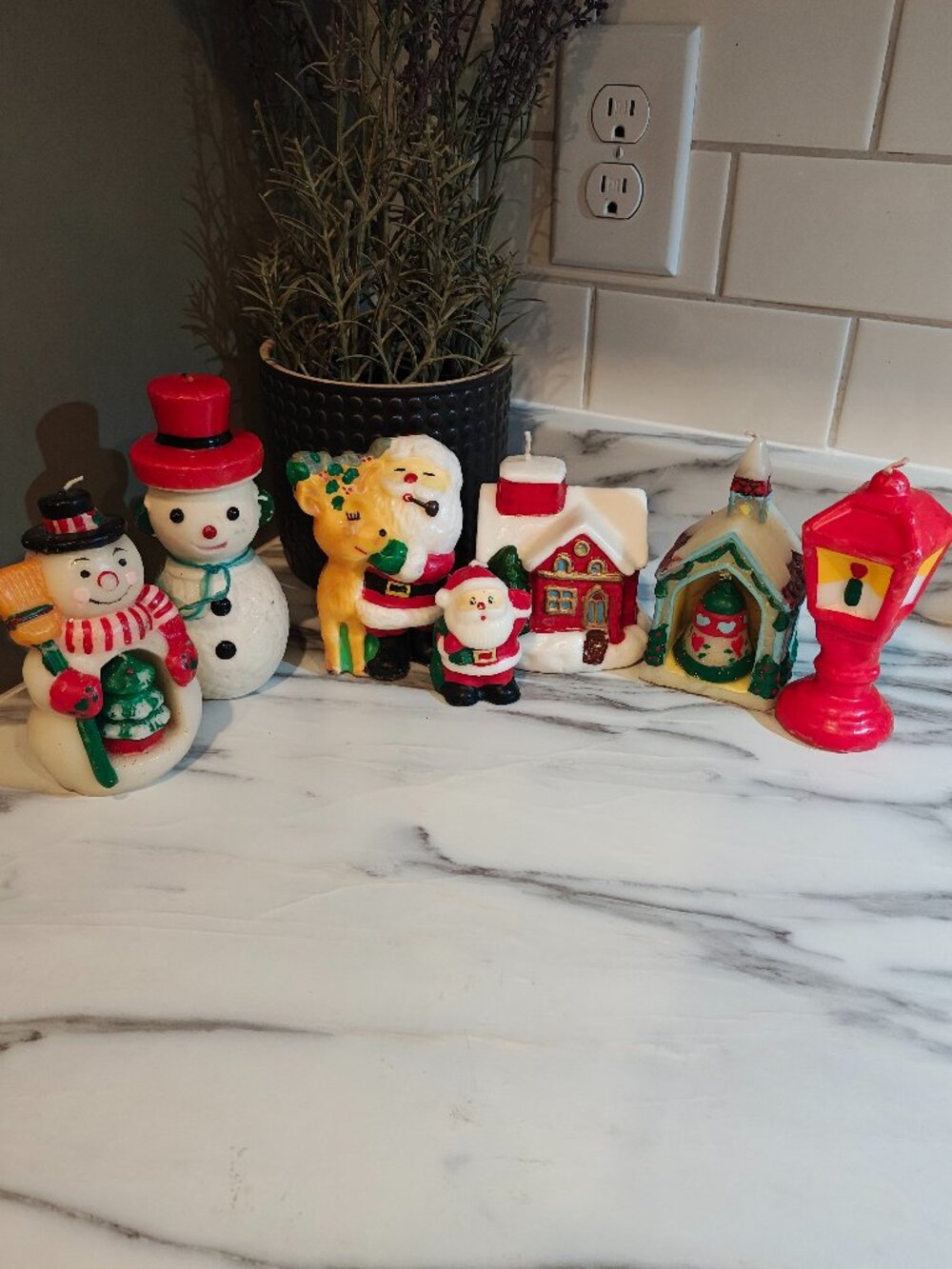 Vintage Style Christmas Wax Figurine Candles Lot of 7 Santa Snowman Reindeer V